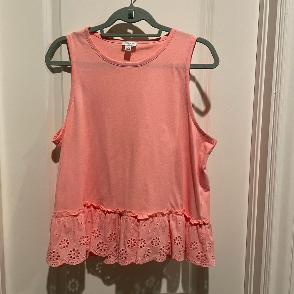 J. Crew Womens Peplum Tank Top - Peach - White Scoop Neck with Eyelet Hem -EUC